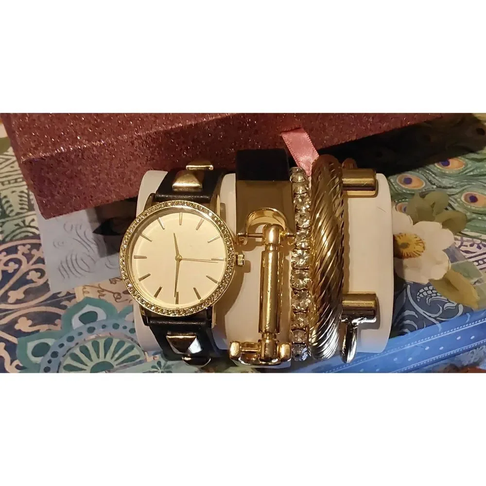 BNIB~Trendy Women's Black Studded Strap Watch & Bracelets Boxed Gift Set